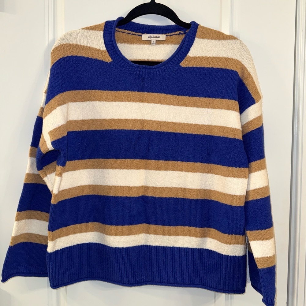 Madewell Preppy Merino Wool Blend Striped Sweater Blue Tan Cream- (small)